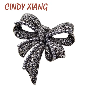 CINDY XIANG New Black Bow Brooches for Women Rhinestone and Pearl Brooch Pin Vintage Broches Fashion Jewelry Elegant Accessories cindy xiang blue shark brooch women and men brooch pin unisex enamel brooches vivid animal jewelry badages fashion accessories