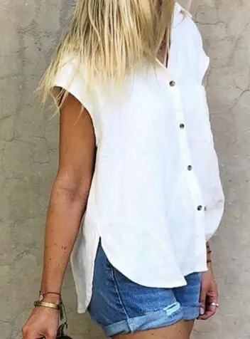 Korean Fashion Clothing Women Short Sleeved Blouse Pure Color  Pocket Office Lady  Cotton Linen Shirt Female Streetwear