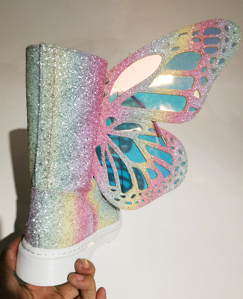 Buono Scarpe/женские кроссовки с крылышками и бабочками; блестящие Серебристые короткие ботинки на шнуровке; цветная женская обувь; женские кроссовки с блестками