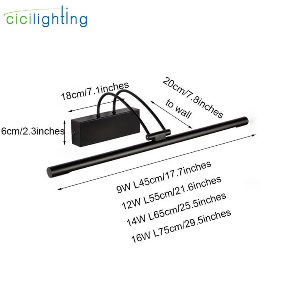 AC110-240V L45/55/65/75 см СВЕТОДИОДНЫЙ перед зеркалом лампы черный металлический косметическое светодиодный свет 9/12/14/16 Вт светодиодный ванная комната туалет настенного светильника