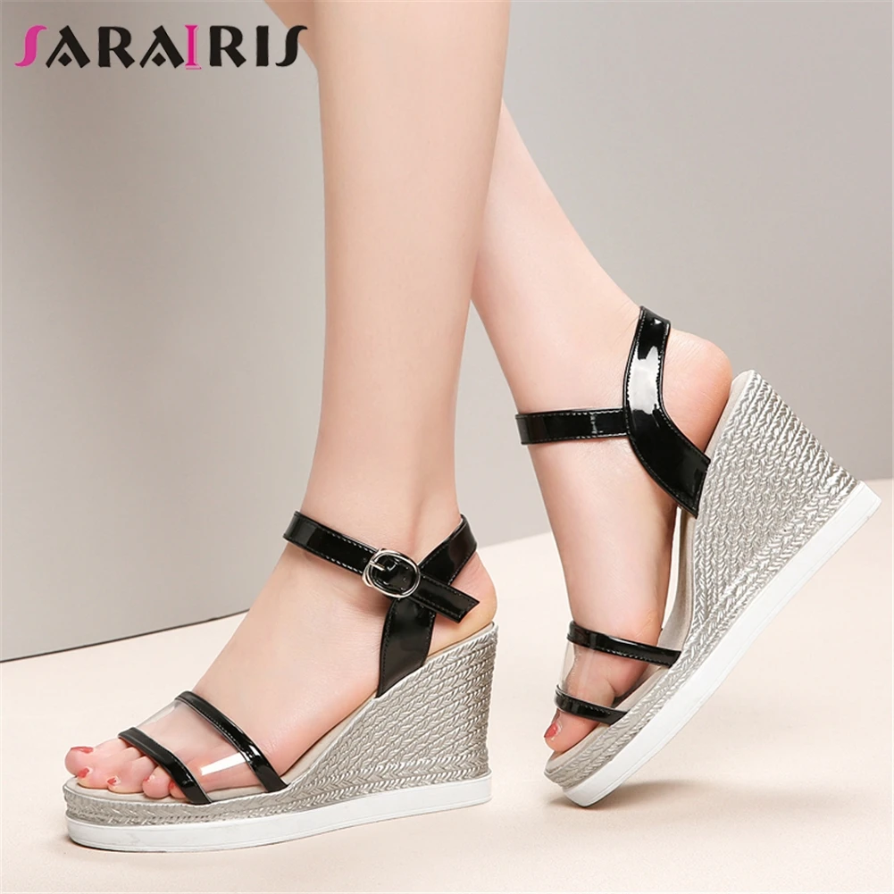 

SARAIRIS 2019 Fashion Big Size 33-43 Platform Sandals Women 2019 Summer Patent Pu Elegant Ladies High Heel Wedges Shoes Woman