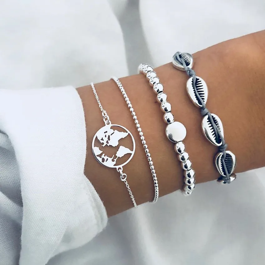 

DIEZI 4pcs/set Bohemian Silver Chain Beads Bracelets Vintage Fashion Ocean Map Shell Bracelets Bangles Sets For Women Jewelry