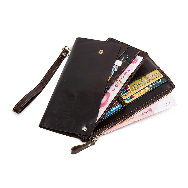 

Designer Men Wallets Real Cow Genuine Leather Clutch Long Lanyard Wristlets Purse Zipper Large Capacity Card Cellphone Holder