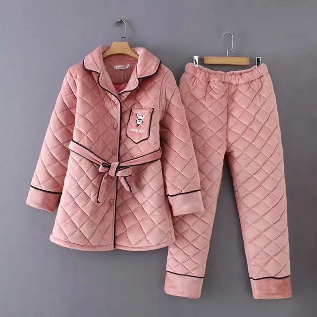 Winter quilted pajamas set women long sleeve thick quilted jacket