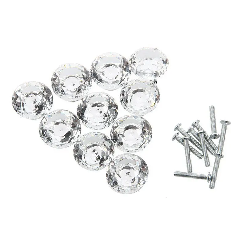 10pcs 30mm Diamond Crystal Glass Door Drawer Cabinet Furniture Handle Knob Screw