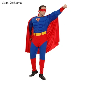 

Superman adult Muscle Jumpsuits Cloak Avengers Super Man Onesies Halloween Costume mens Clothes Movie Superhero Cosplay Clothing