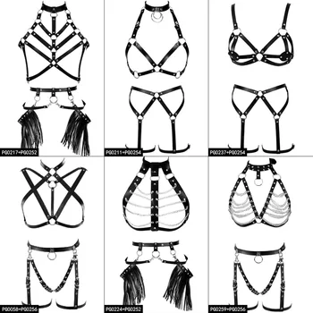 

Black Women Leather Harness Bra Strap Pentagram Lingerie Set Harajuku Metal Chain Breast Belt Adjustable Body Underwear Rave