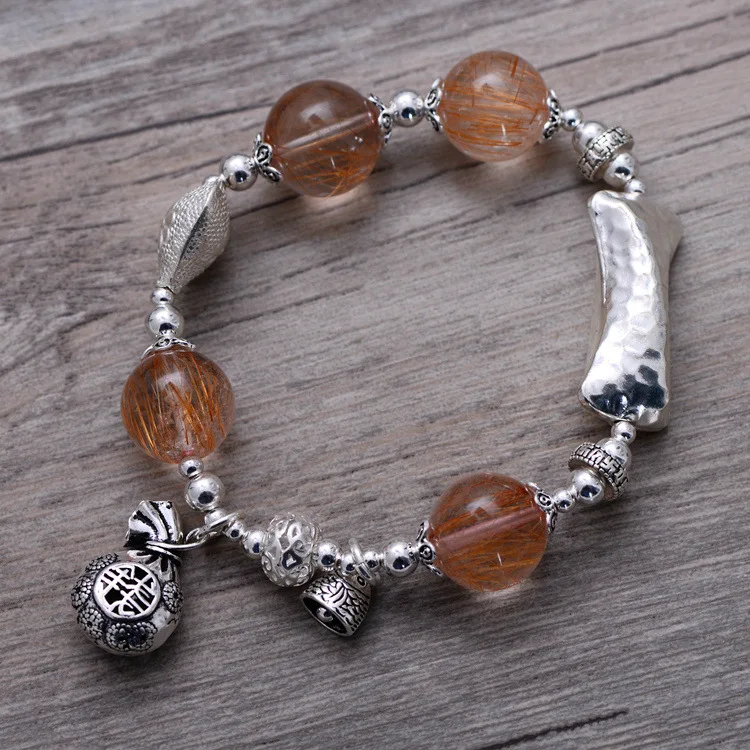 

Fashion 925 Sterling Silver Vintage Quartz Rutilated Bracelet with Lucky Bag & Bell Women Thai Silver Gift Jewelry CH058238