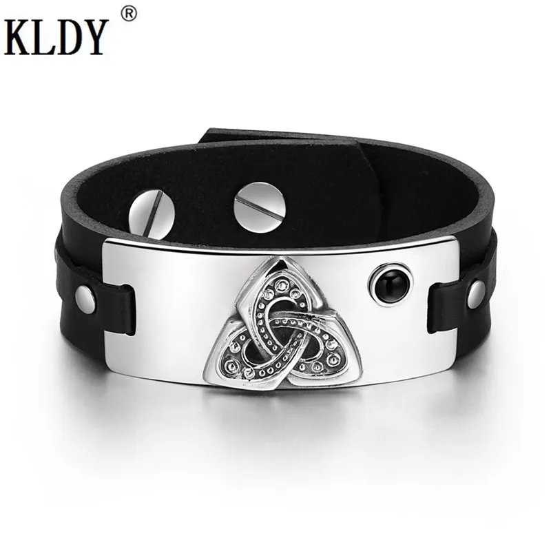 

KLDY men leather Bracelet Stainless Steel Triangle Pattern Design Metal charm Bracelet Best Gift to Lover couple Lucky bangle