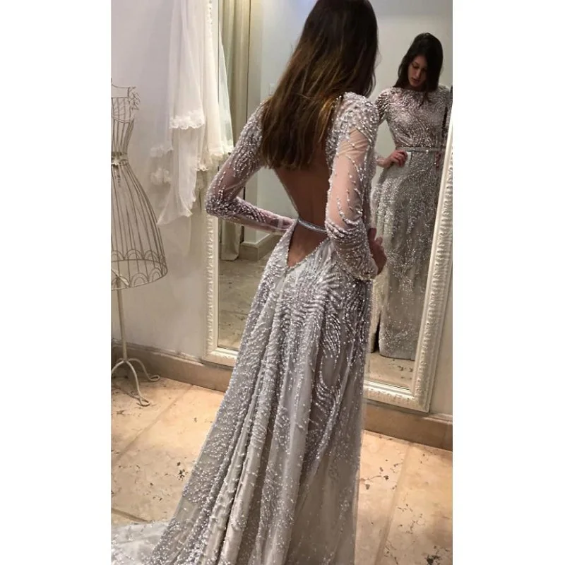 

2019 Long sleeve Sequin Dress Sexy Round Collar Open Back Dresses Gray Party Dress Floor-Length Long Dresses