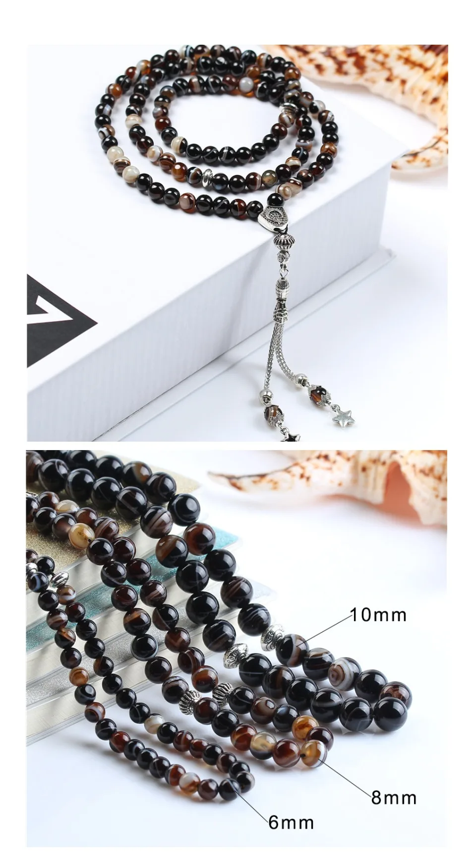 LOSHEREN 8MM 10MM Natural Stone Black Agates Stone Beaded Bracelets 33 Prayer Beads Islamic Muslim Tasbih Allah Mohammed Rosary