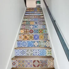 3d 13 Uds Vintage cerámica patrón azulejos escaleras pegatinas Pvc pegatina de pared extraíble impermeable Mural escalera póster para sala calcomanías