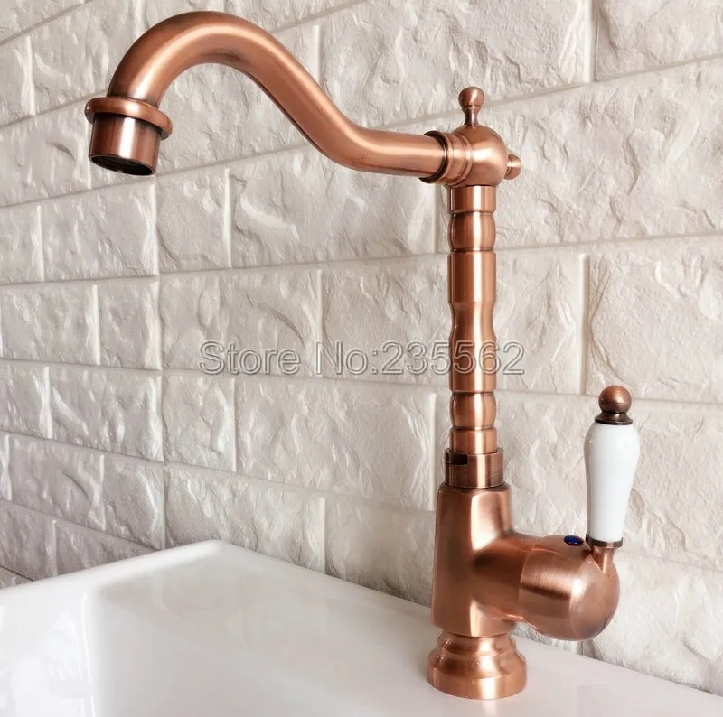 Antique Red Copper Kitchen Sink Faucet Swivel Spout Washbasin Faucets Cold and Hot Water Mixer Bathroom Taps Deck Mounted lnf402