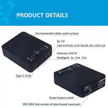 USB Charger Station 6 Ports 5V/9V/12V Quick Charge QC 3.0+Type C USB Hub Power Adapter w/USB-C cable for iPhone Samsung Huawei
