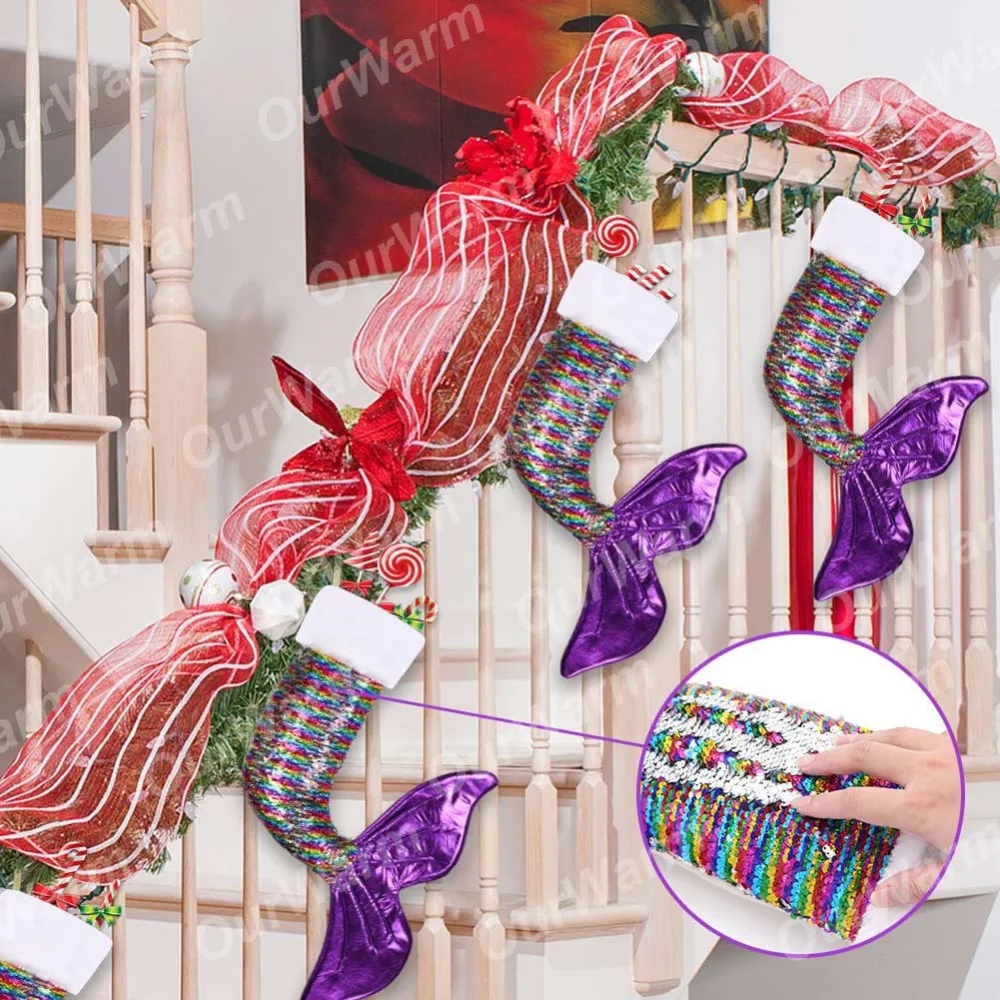 Теплые рождественские Гольфы большая с блестками, светящиеся носки в виде собачьей лапы русалки детские рождественские украшения, подарки на год, 60x45 см