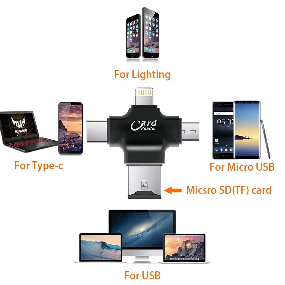 4 в 1 кардридер Тип C Micro USB адаптер TF Micro SD кардридер для Android ipad/iphone 7 plus 6s5s MacBook