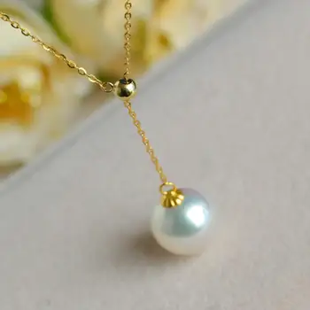 

Fine Jewelry natural Akoya seawater pearl pendant fine round, adjustable 18 K gold clavicle necklace