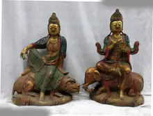 free shipping 14″ Tibet bronze gild carved lion Wen Shu and elephant Pu Xin buddha Pair Statue