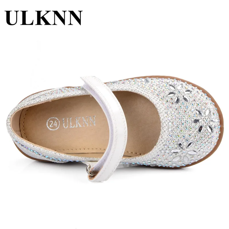 ULKNN Baby Shoes Girls Wedding Crystal Silver Red Leather Round Toe Frist Walker Dance Dress Shoes Toddler Kids Footwear