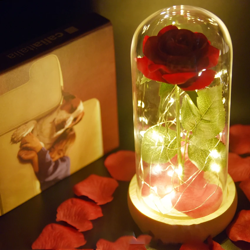 

HOT Rose In Flask Beauty And The Beast Gold-plated Red Rose With LED Light In Glass Dome For Wedding Party Mother's Day Gift