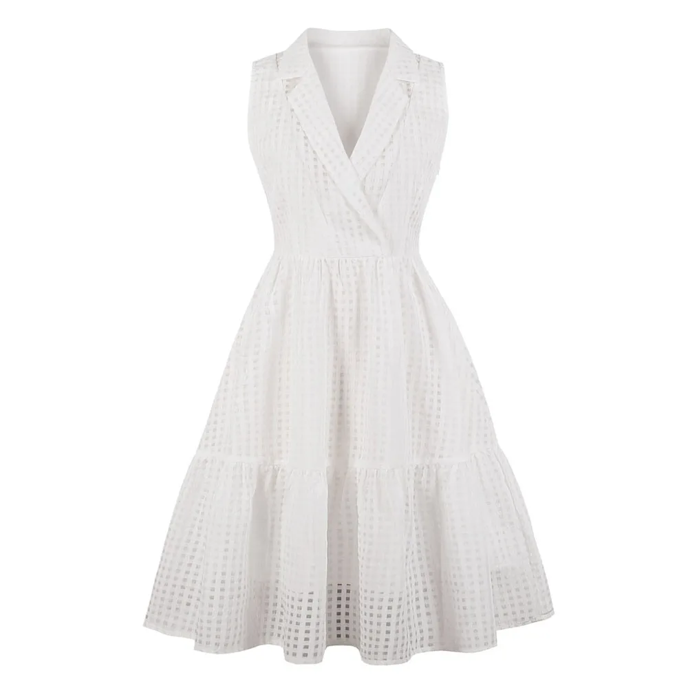 Sisjuly плюс размер лоскутное многослойное клетчатое белое платье с отворотом глубокий v-образный вырез молния без рукавов драповое офисное женское платье для работы