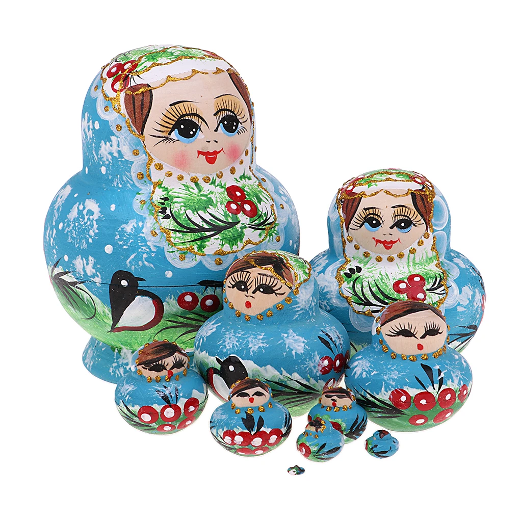 Girl Russian Nesting Doll Wood Babushka Matryoshka Stacking Dolls Set 10PCS