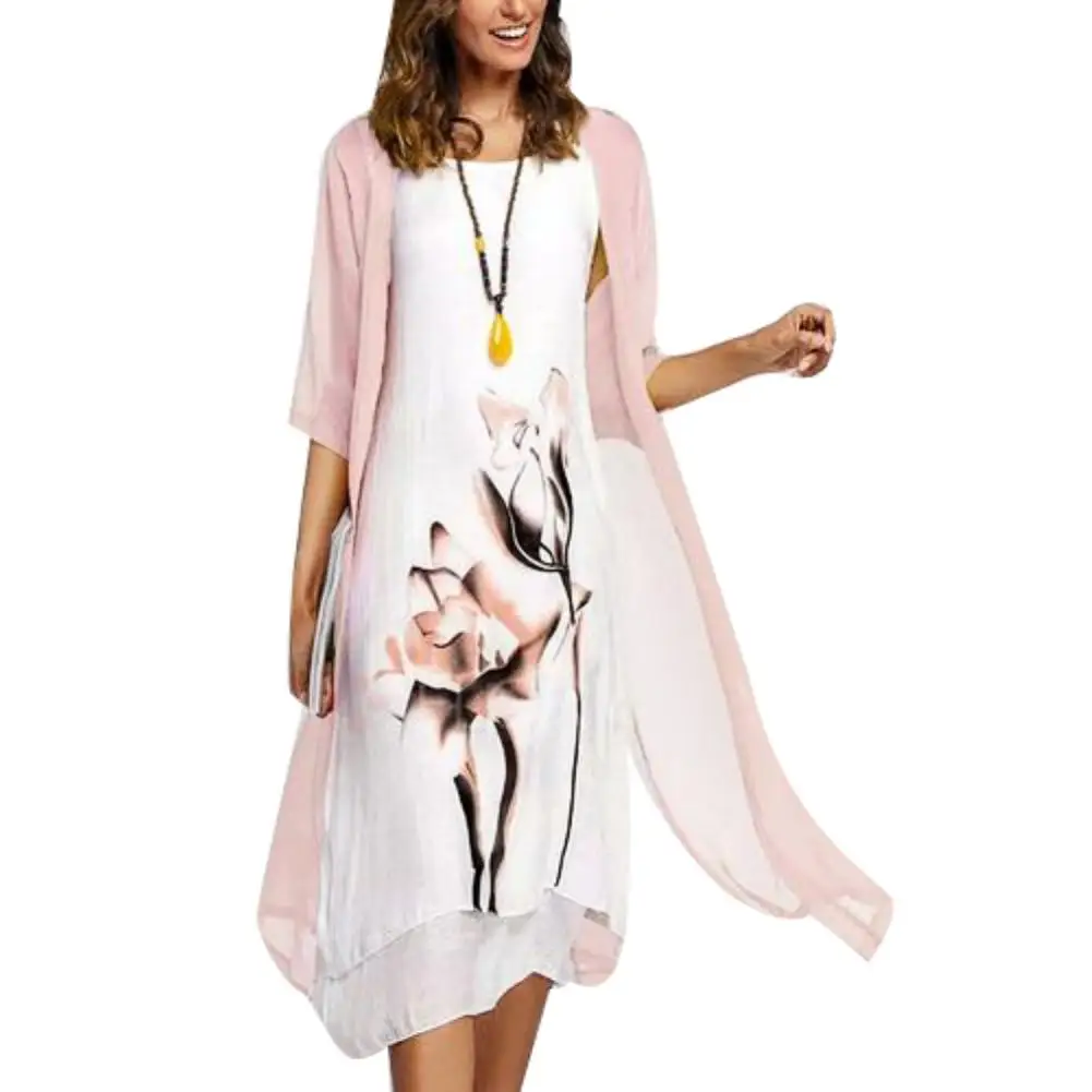 

New Dress Summer 2Pcs/Set Vintage Flower Ink Painting Women Sleeveless Kaftan Dress with Cardigan