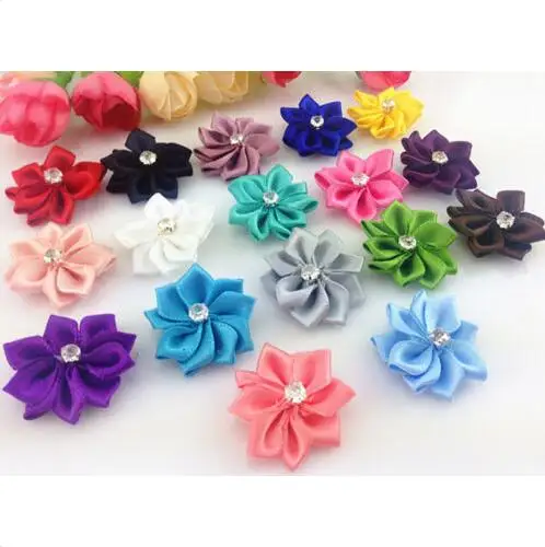DIY 20PCS Satin Ribbon Flower with Crystal Bead Appliques Craft/Trim satin ribbons,ribbon decoration,ribbon supplies