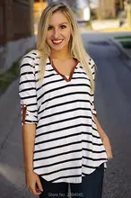 V-Neck Women Tops Blusas 2016 Summer Striped Blouse Slim Casual Seven Sleeve Woman Shirts