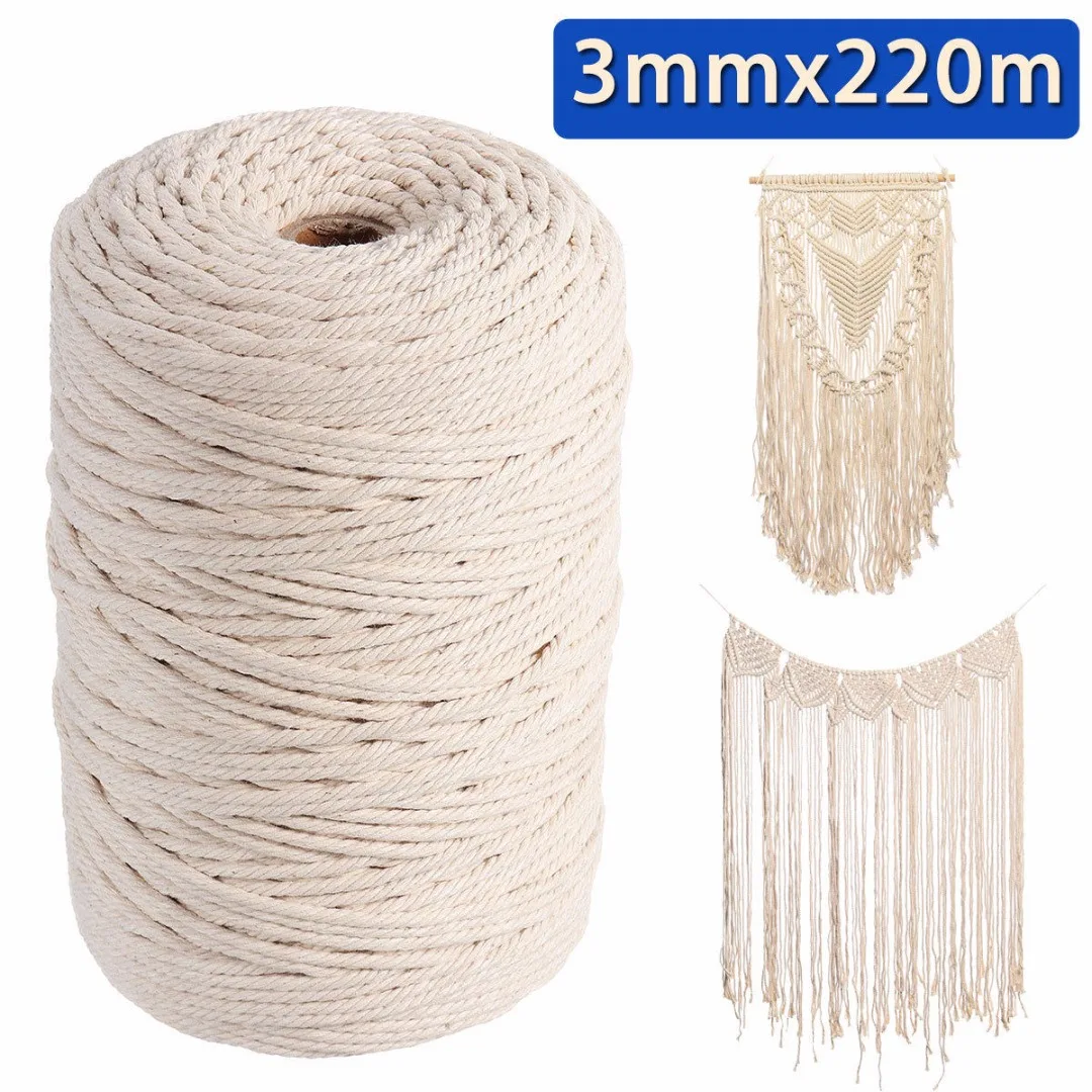 220M 3mm Natural Beige Soft Cotton Twisted Cord Rope Craft Macrame Artisan String DIY Handmade Tying Thread Cord Rope  Diameter