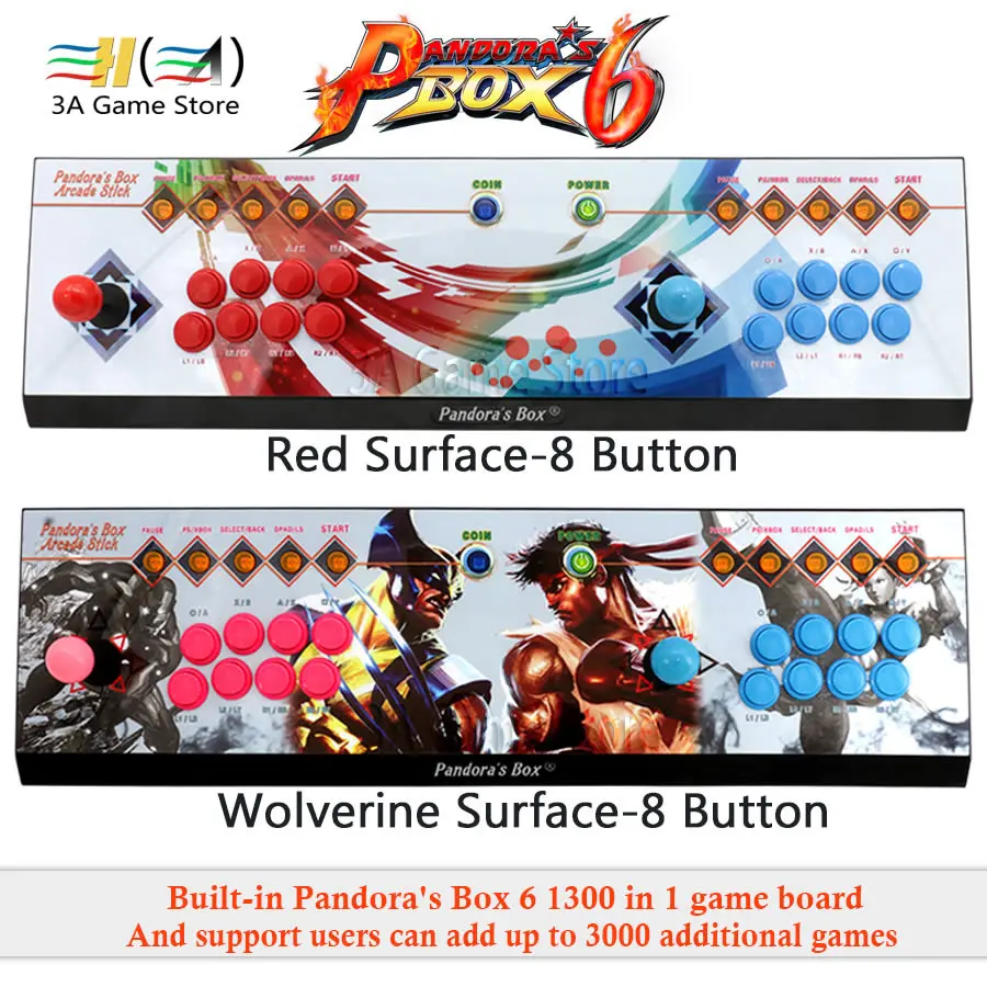 Pandora Box 6 1300 in 1 8 button Family 2 players joystick arcade console support add FBA MAME PS1 game can add up to 3000 games Pandora Box 6 1300 in 1 8 button Family 2 players joystick arcade console support add FBA MAME PS1 game can add up to 3000 games