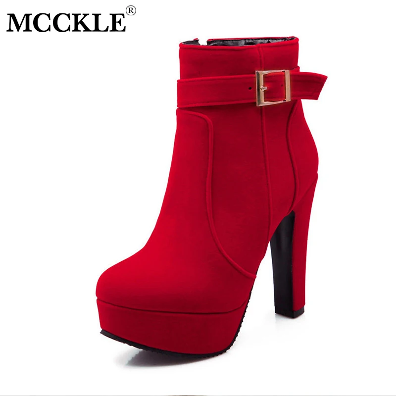 Prix MCCKLE Femme Haute Talons Cheville Bottes Femme Zip Plate Forme Sexy Partie Robe Pompe Femmes Mode Boucle Daim Moto Bottes