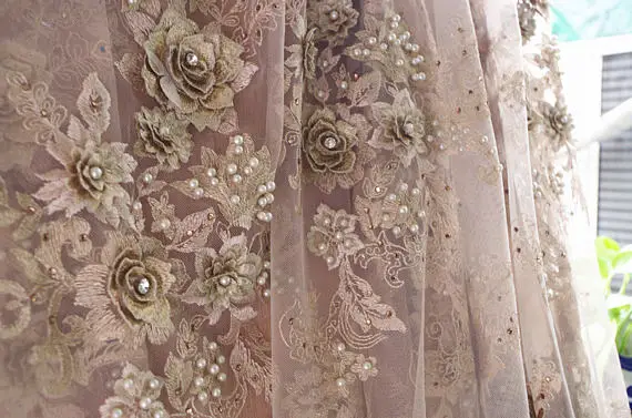 5yards 3D lace fabric with flowers, metallic gold lace fabric for haute couture dress, mesh lace fabric with 3D flowers