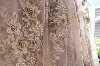 

5yards 3D lace fabric with flowers, metallic gold lace fabric for haute couture dress, mesh lace fabric with 3D flowers