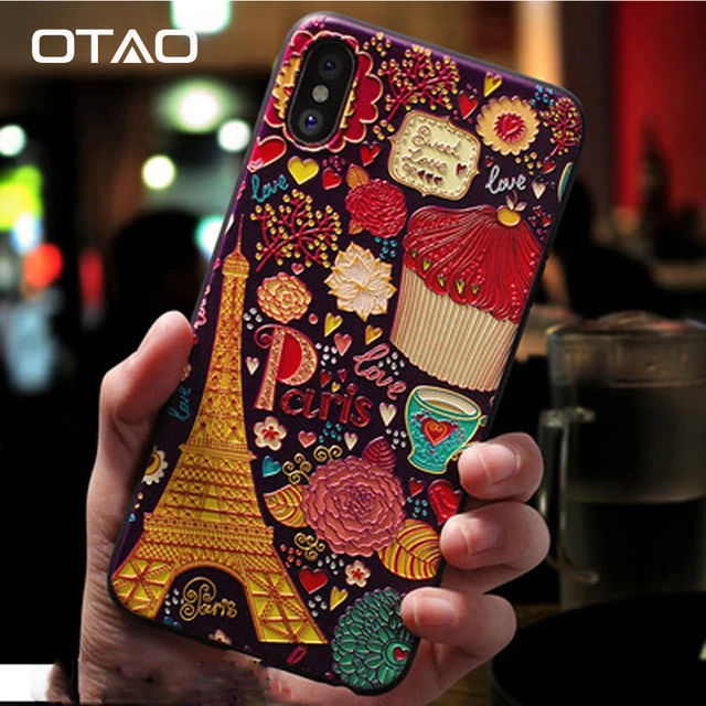 OTAO 3D Emboss Cartoon Patterned Phone Case For Apple iphone X 7 8 6 6S Plus Cases Soft Silicone Back Cover For iphone 10 Coque
