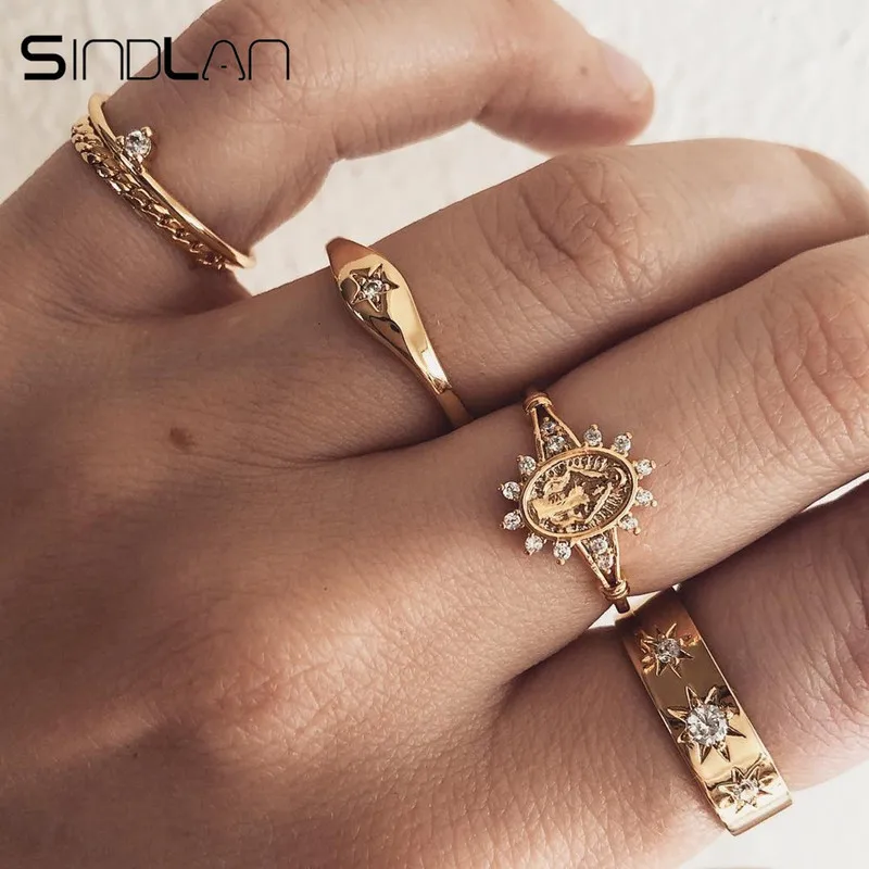 

Sindlan 5PCs Vintage Gold Crystal Star Joint Finger Ring Set Stylish Flower Pattern Charm Rings for Women Cool Ring Jewelry