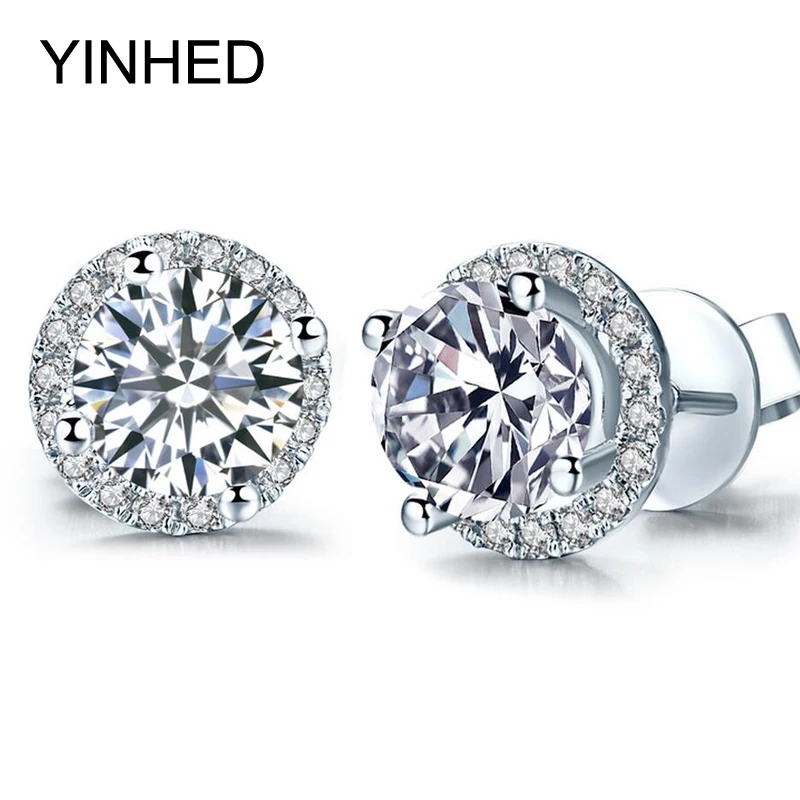 

YINHED 100% Genuine 925 Sterling Silver Earrings 6mm Simulated Diamant With Tiny CZ Paved Stud Earrings for Women Jewelry ZE040