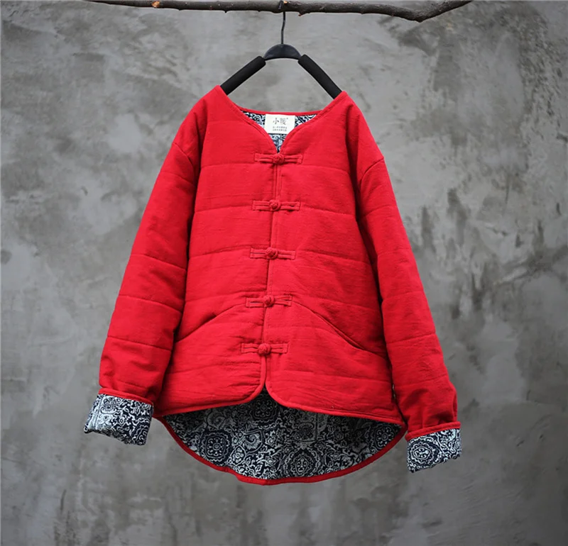 Johnature Cotton Linen Women Solid Color Parkas Coats New Vintage 2018 Winter Loose Blue And White Porcelain Splice Cotton Coats