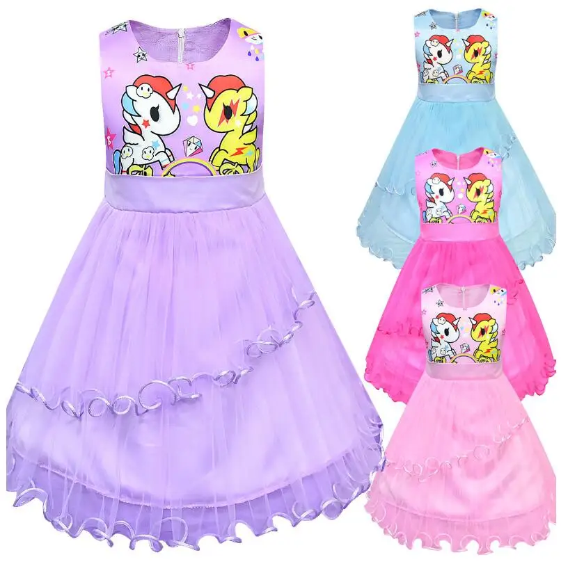 

New unicorn unicorna girls color mesh cartoon stitching dress children's princess dress dress