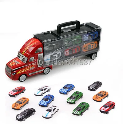 

Boy Toys Portable Plastic Container Truck Alloy Car Container truck with 12 alloy car Puzzle Simulation Model Toy Gift For Boys