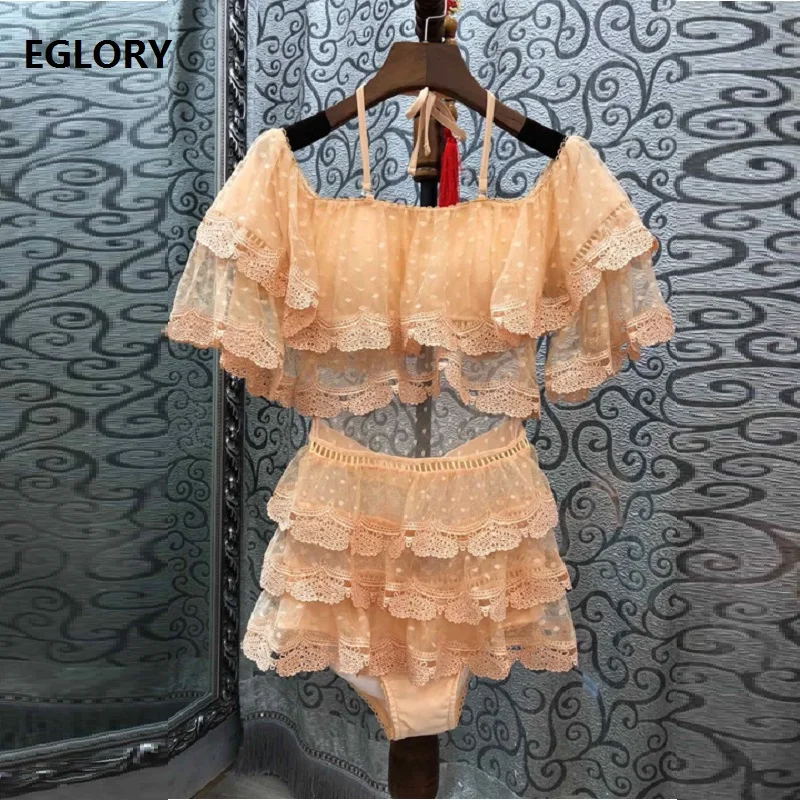

High Quality Bodysuits 2019 Summer Fashion Swim Suit Women Polka Dot Print Cascading Ruffle Lace Patchwork Sexy Beach Swim Wear
