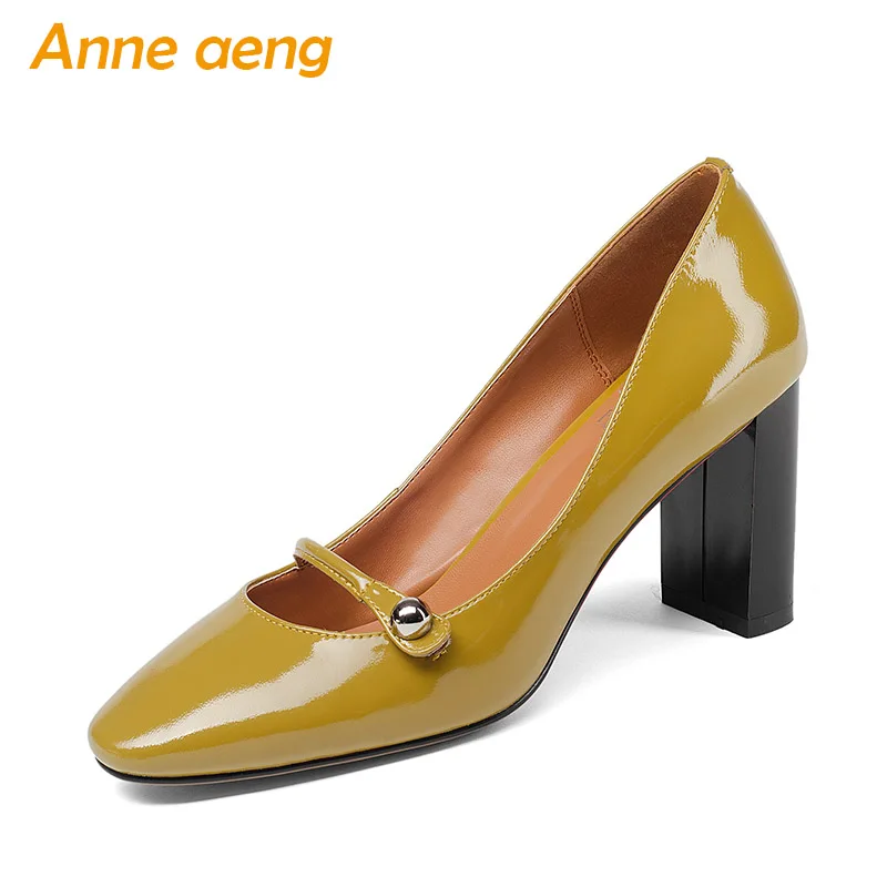 

New Genuine Leather Women Pumps High Heels Pigskin Insole Pointed Toe Sexy Office Ladies Mary Janes Women Shoes Yellow High Heel