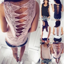 In Stock ! 2019 Summer Sexy Low-cut T-shirts Lace Hollow Out Back Loose Tank Top Sleeveless Camisole Tops Women's Vest Cheap plus size cut out lace trim camisole