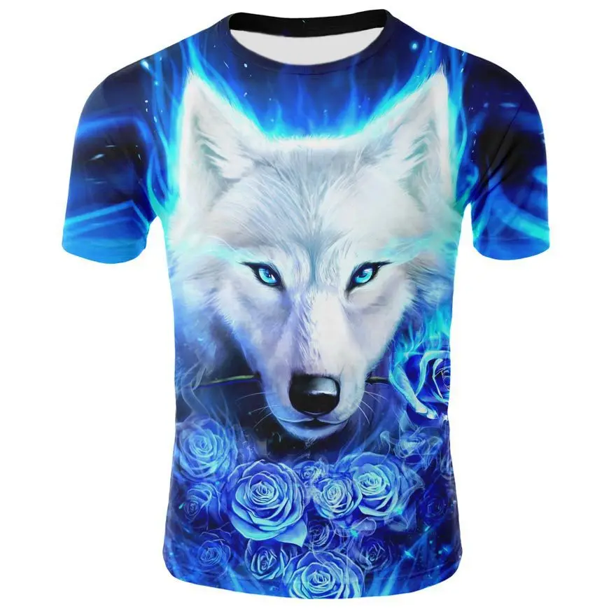 

QHMY QXsmt :ANGRYGOLDFISH Hot style space Wolf 3d digital printed men's T-shirt with round neck and short sleeves