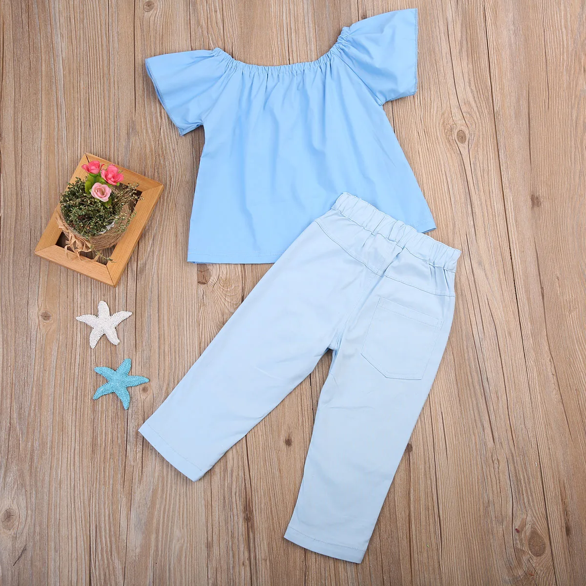 Летняя одежда для маленьких девочек 2 шт. синяя рубашка с открытыми плечами +