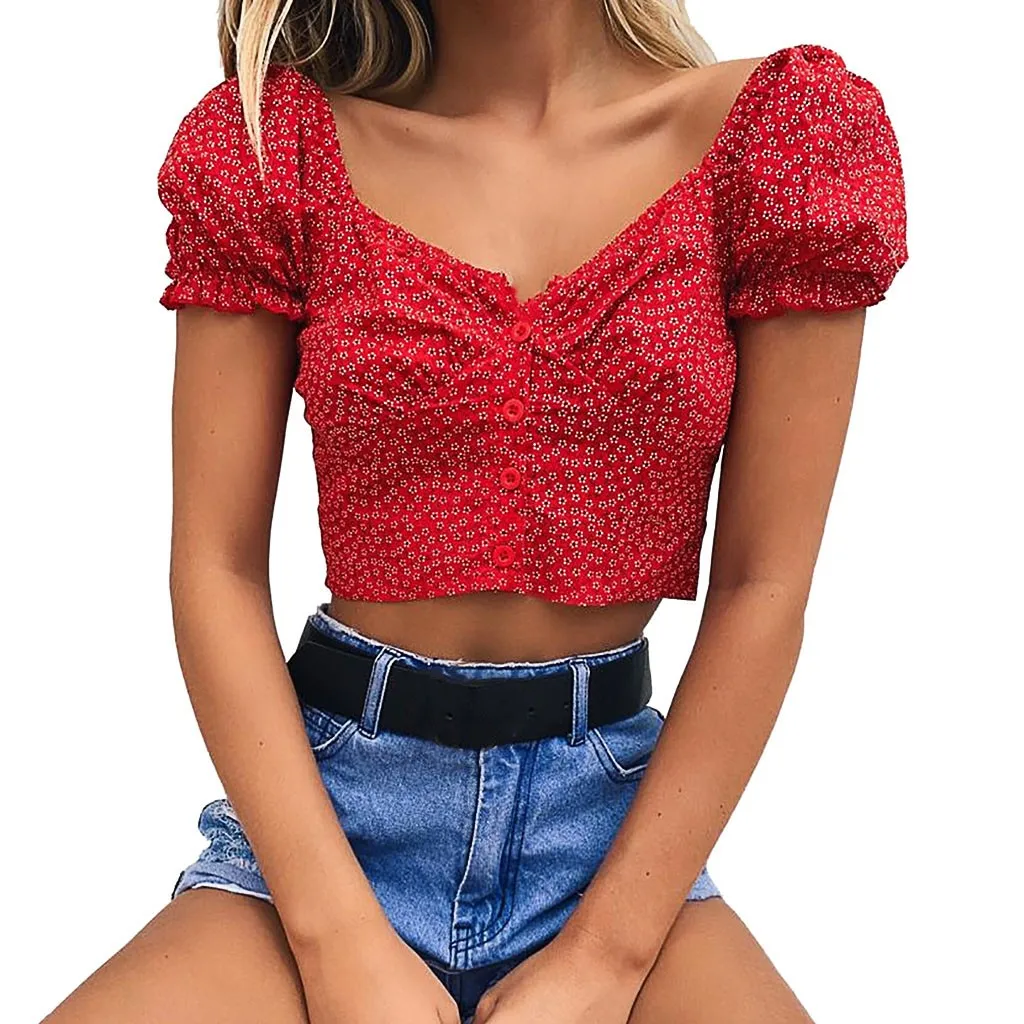 

Vest top women summer Fashion Sexy Button Print Short Sleeve Tops Solid summer top elegant T-Shirt sukienka vestidos#G6