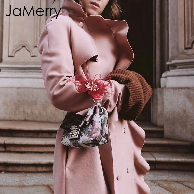 JaMerry Elegant ruffled wide lapel belt women coat Long pink trim wool coat 2018 Autumn winter fashion chic button trench coat