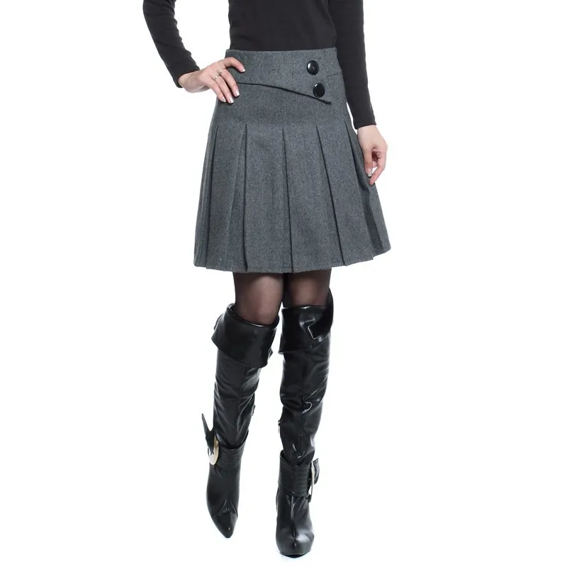 Теплые зимние юбки женские осенние размера плюс Пуговицы декоративные молнии закрытые серый черный цвет базовые плиссированные шерстяные юбки