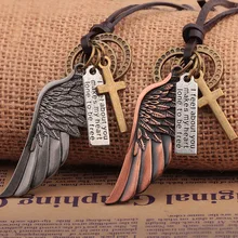 2019 New Creative Men's Women's Jewelry Vintage Cross Angel Wing Pendant Necklace Long Leather Necklace Charms sil black rhinestone angel wing necklace
