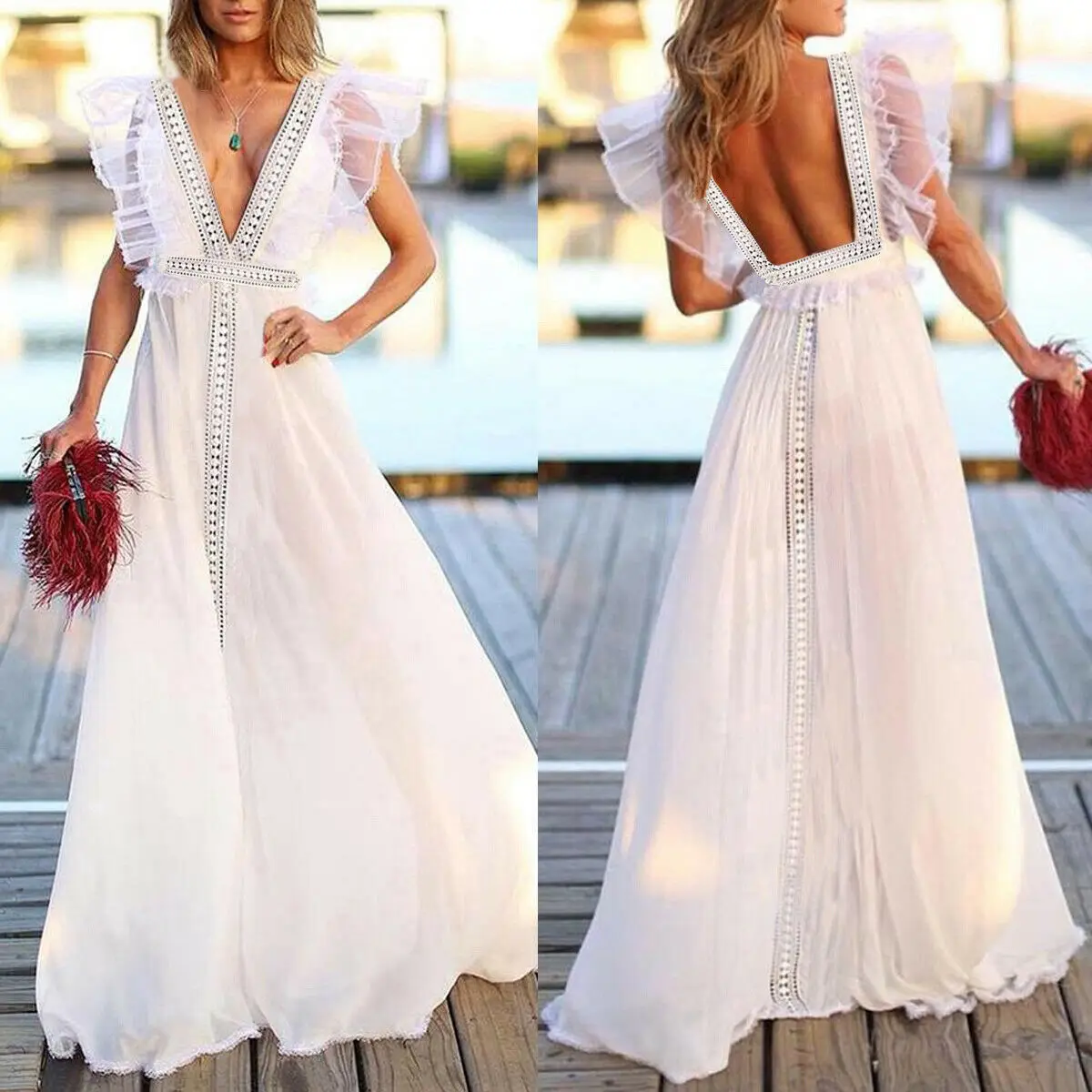 

Hirigin Womens Sexy Deep V Neck Backless Summer Dress Boho Floral Sleeveless Ruffles Slim Long Beach Clothing SunDress
